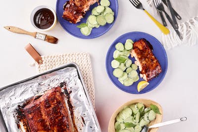 BBQ Roasted Salmon with Creamy Basil Cucumbers